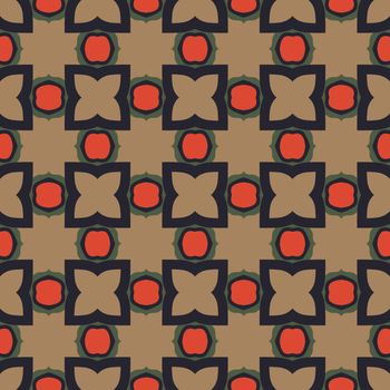 Seamless illustrated pattern made of abstract elements in brown, red, green and black