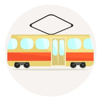 Cute colorful flat vector tram icon, beige and red streetcar icon
