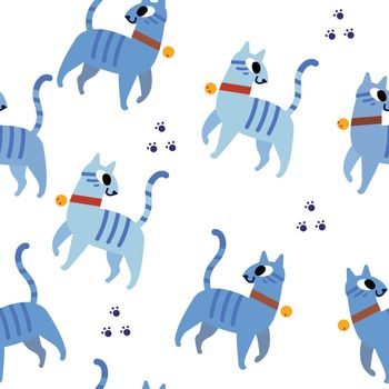 Blue cats pattern seamless. Cats and footprints in blue and dark blue colors. Baby textile print