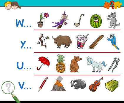Cartoon Illustration of Finding Picture Starting with Referred Letter Educational Game for Preschool Children