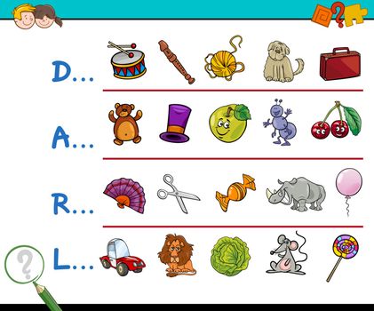 Cartoon Illustration of Finding Picture which Start with Referred Letter Educational Activity for Children