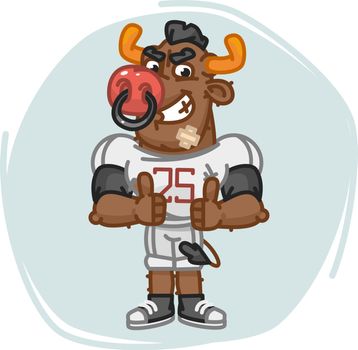 Bull Football Player Angry Shows Thumbs Up. Vector Illustration. Mascot Character.