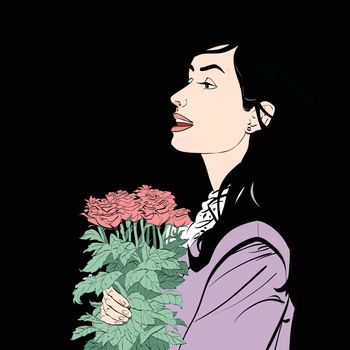 Beautiful woman with a bouquet of roses flowers, hand drawn line art illustration. young brunette on a black background