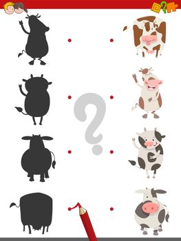 Cartoon Illustration of Find the Shadow Educational Game for Children with Cows Farm Animal Characters