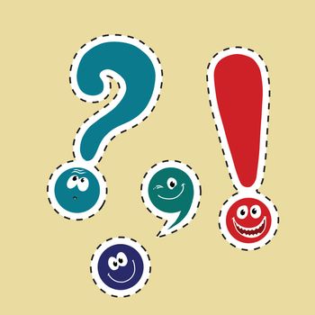 set of funny smiley punctuation, pop art comic vector illustration. Dot, comma, question mark, exclamation point. color label sticker