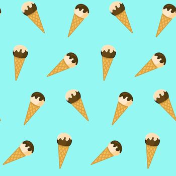 Cute pattern with ice cream in waffle cones, colorful summer ice cream seamless pattern