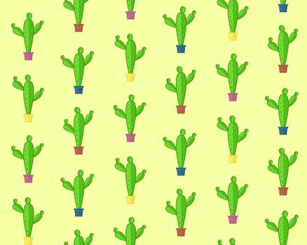 Cute seamless cactus pattern, pattern with cacti in colorful pots, nice cartoon succulents