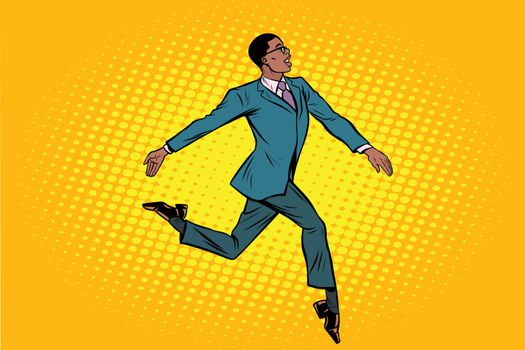 African businessman runs forward elegantly. Pop art retro vector illustration
