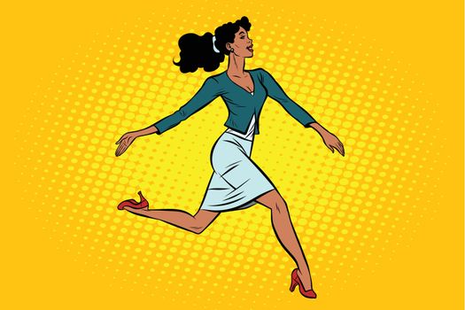 Beautiful businesswoman elegantly runs. African American people. Pop art retro vector illustration
