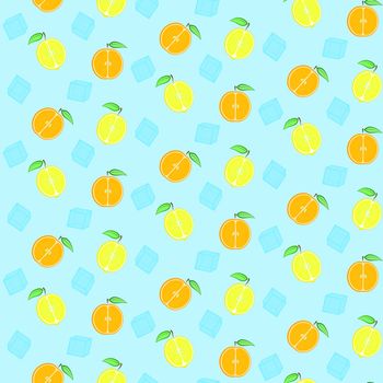 Pattern with cute oranges, lemons and ice cubes, seamless summer citrus with ice pattern