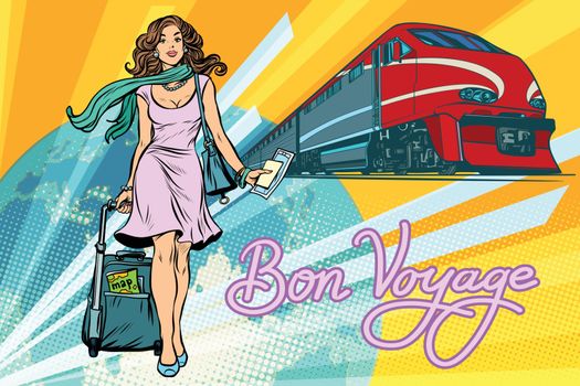 Railroad passenger train, Bon voyage. Beautiful young woman with Luggage. Pop art retro vector illustration