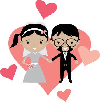 adorable groom and bride lovely marriage cartoon theme vector