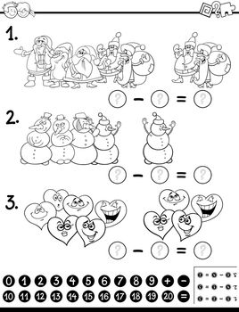 Black and White Cartoon Illustration of Educational Counting and Subtraction Mathematical Activity for Children Coloring Page