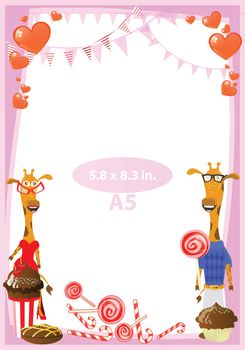 Photo frame pink. Standard size in inches. A format. Vertical orientation of the sheet. Illustration for your design. Giraffe he and she among sweets