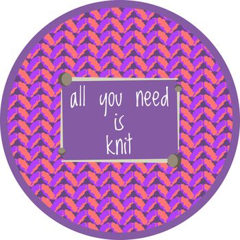 Cute purple knitting background with love knit text in needles frame
