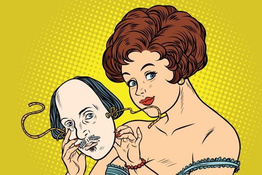 Mysterious beautiful woman with a mask of Shakespeare. Comic book cartoon pop art retro colored drawing vintage illustration