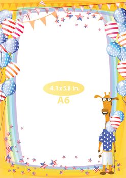 Frame. American day illustration. Independence Day. American flag. For the design. vector. Vertical orientation. Giraffe girl with balloons air
