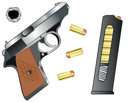 Weapon gun and cartridge clip with patron on white background