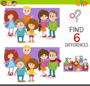 Cartoon Illustration of Spot the Differences Educational Game for Children with Elementary Age Kid Characters Group