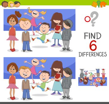 Cartoon Illustration of Spot the Differences Educational Game for Children with Kids Characters Group