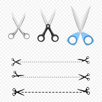 Different scissors set collectoin and scissor cutting line silhouette on transparent background