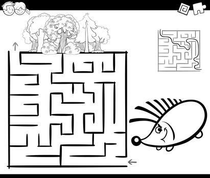 Black and White Cartoon Illustration of Education Maze or Labyrinth Game for Children with Hedgehog and Forest Coloring Page