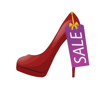 Illustration of red high-heel shoe with discount tag. Sale labeI. Isolated on white background. Vector