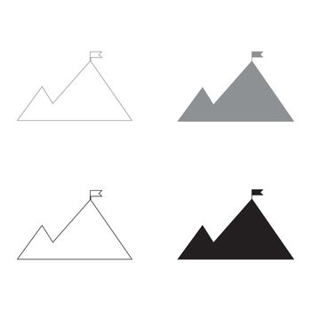 Mountains with a flag on top it is the black and grey color set icon .