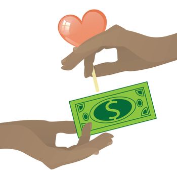 Prostitution concept. Hand with caramel in the shape of heart and dollar. Vector illustration for your design. On white background.