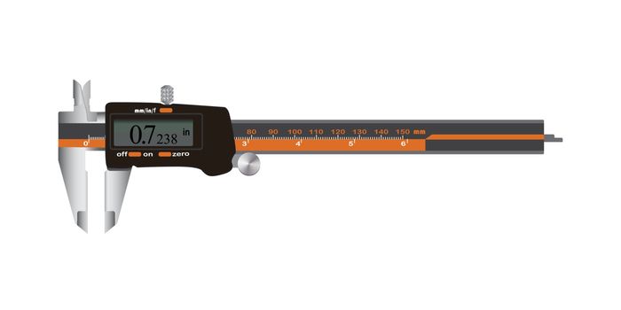 Electronic Digital Caliper with screen auto off featured measuring tool. Vector Illustration isolated on white background.