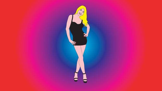 Slim graceful beautiful girl in short black dress isolated on gradient background.