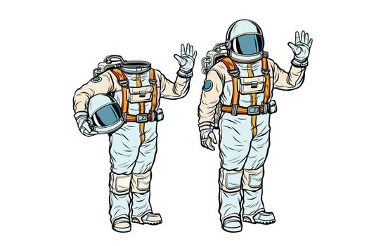 Astronaut in spacesuit and mockup without a head. Pop art retro comic book vector illustration