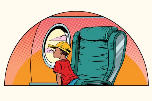 African boy passenger looks out the window on an airliner. Air transport. Pop art retro comic book vector illustration