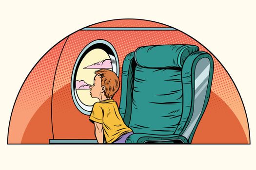 Caucasian boy passenger looks out the window on an airliner. Air transport. Pop art retro comic book vector illustration