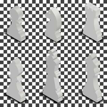 Photo realistic white chess pieces. 3D isometric style, vector illustration.