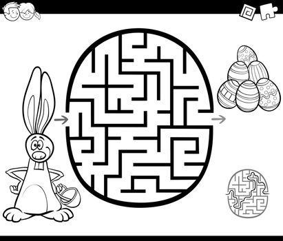 Black and White Cartoon Illustration of Education Maze or Labyrinth Game for Children with Easter Characters Coloring Page