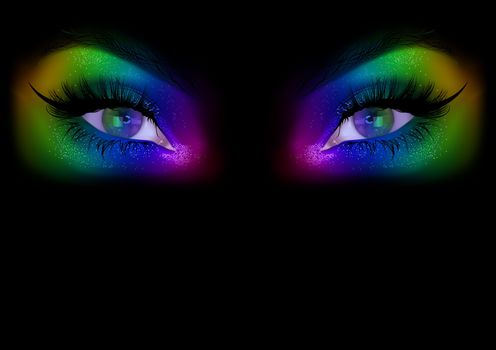 Rainbow Woman Eyes Party Makeup  - Detailed Realistic Background Illustration, Vector