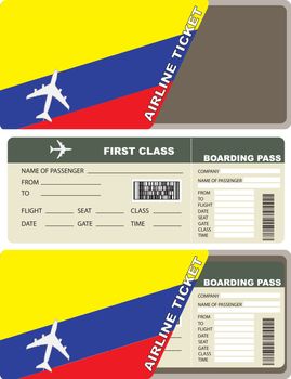 Plane ticket first class in Colombia. Vector illustration.