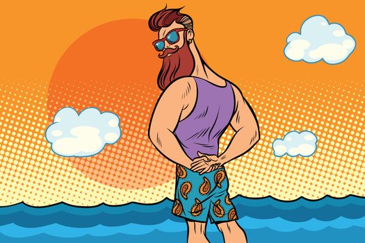 bearded hipster is resting on the sea. Comic book cartoon pop art retro color illustration drawing
