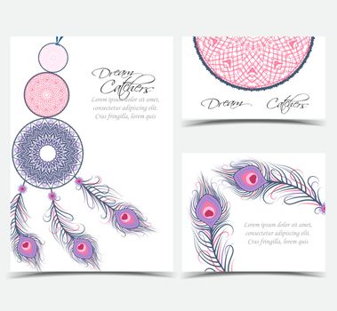 Vector illustration of a dreamcatcher with a peacock feathers on a white background.Set of greeting cards