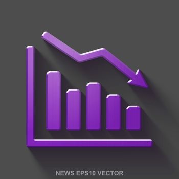 Flat metallic news 3D icon. Purple Glossy Metal Decline Graph icon with transparent shadow on Gray background. EPS 10, vector illustration.