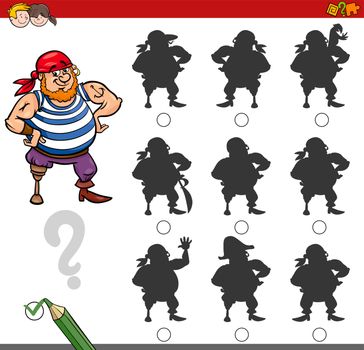 Cartoon Illustration of Finding the Shadow without Differences Educational Activity for Children with Pirate Fantasy Character