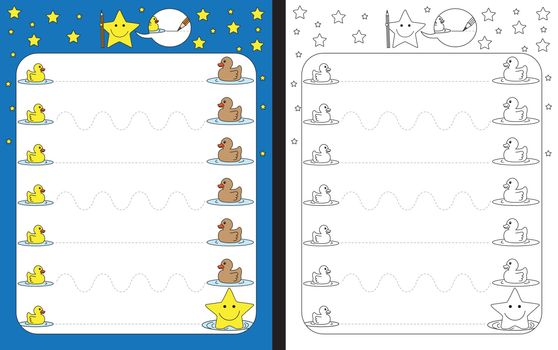 Preschool worksheet for practicing fine motor skills - tracing dashed lines from ducklinkgs to ducks