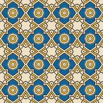 Seamless illustrated pattern made of abstract elements in beige, blue, yellow and black