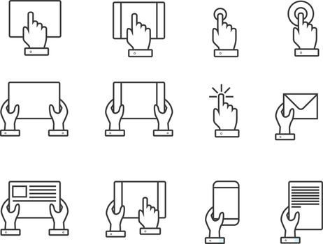 Fingers and hands touch screen hand line web icons. Vector illustration