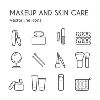 Makeup skin care simple line icons. Mascara, lipstick, powder, eye shadow, perfume, cream, foundation, eyeliner, mirror, hair comb and other make-up items. Makeup thin linear signs for manicure, pedicure and Visage.