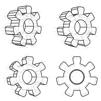 Four gears, white background. 3d gears in wire-frame style. Vector illustration
