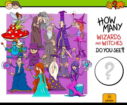 Cartoon Illustration of Educational Counting Activity Game for Children with Wizards and Witches Fantasy Characters