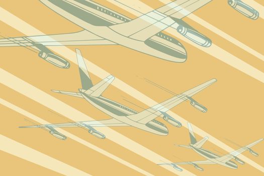 Air transport in the sky travel background. Airplane aviation travel voyage tourism air transport. Pop art retro vector illustration