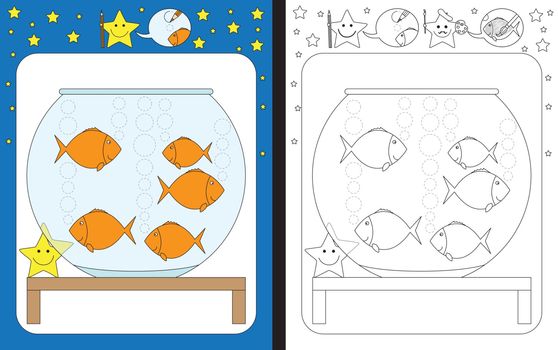 Preschool worksheet for practicing fine motor skills - tracing dashed lines of air bubbles in fish bowl